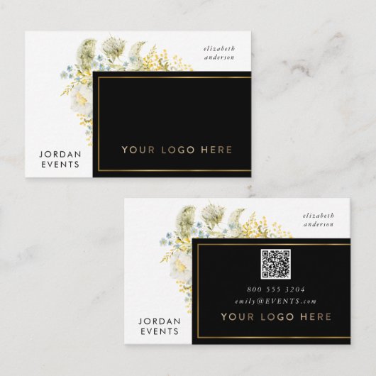 Eleganter Gold Border Wildblume QR CODE Visitenkarte (Vorne/Hinten)