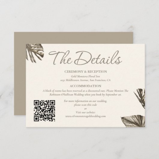 Eleganter Gold Botanischer QR Code Hochzeit der De Begleitkarte (Vorne/Hinten)