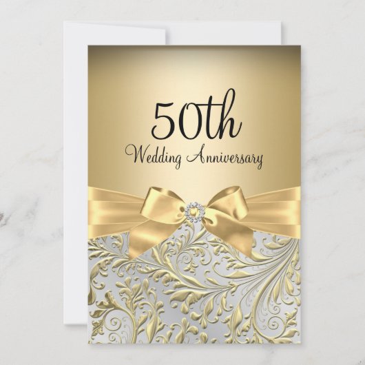 Eleganter Gold Bow Blumenwirl 50 Jahre alt Einladung (Vorderseite)