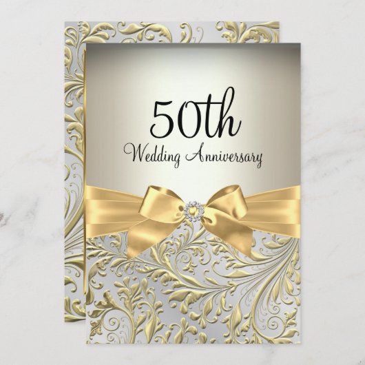 Eleganter Gold Bow & Floral Swirl 50 Jahre alt Einladung (Vorne/Hinten)