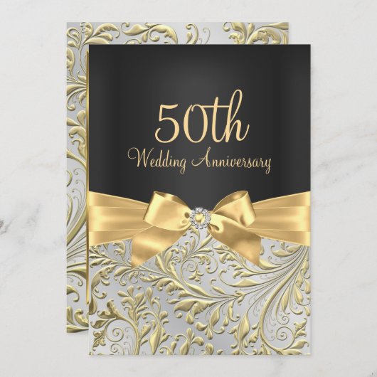 Eleganter Gold Bow & Floral Swirl 50 Jahre alt Einladung (Vorne/Hinten)