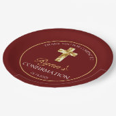 Eleganter Gold Cross Burgundy Confirmation Empfang Pappteller (Schrägansicht)