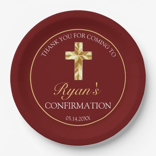 Eleganter Gold Cross Burgundy Confirmation Empfang Pappteller (Vorderseite)
