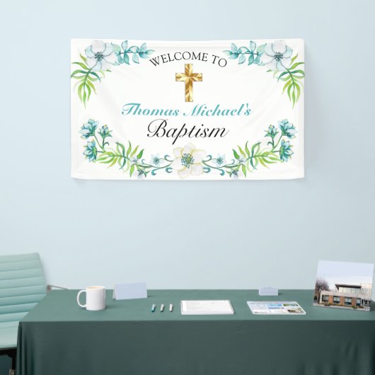 Eleganter Gold Cross Taufen Empfang Willkommen Banner (Messeveranstaltung)