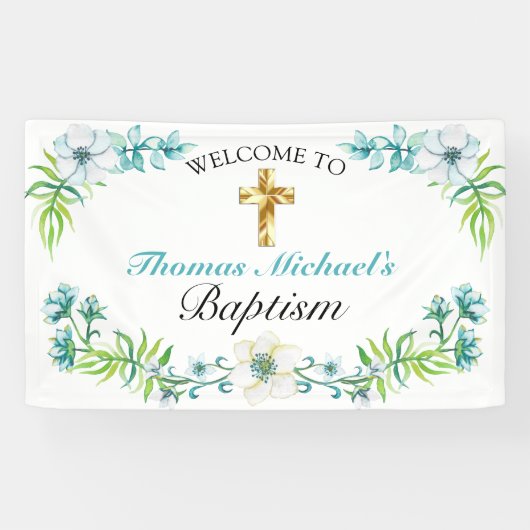 Eleganter Gold Cross Taufen Empfang Willkommen Banner (Horizontal)