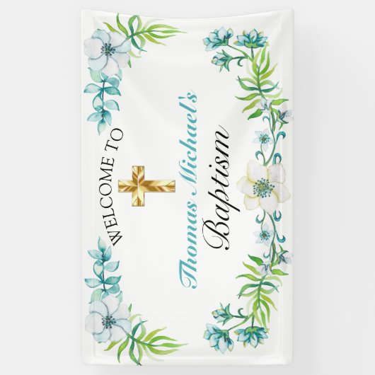 Eleganter Gold Cross Taufen Empfang Willkommen Banner (Vertikal)