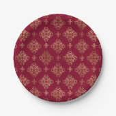 Eleganter Gold Damask auf Burgund Pappteller (Vorderseite)