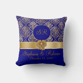 Eleganter Gold Damask auf Navy Blue Monogram Kissen