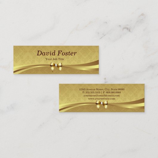 Eleganter Gold Damask mit Shiny Diamond Ribbon Bow Mini Visitenkarte (Vorne/Hinten)