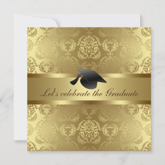 Eleganter Gold Damask Muster Black Abschluss Hat Einladung (Vorderseite)