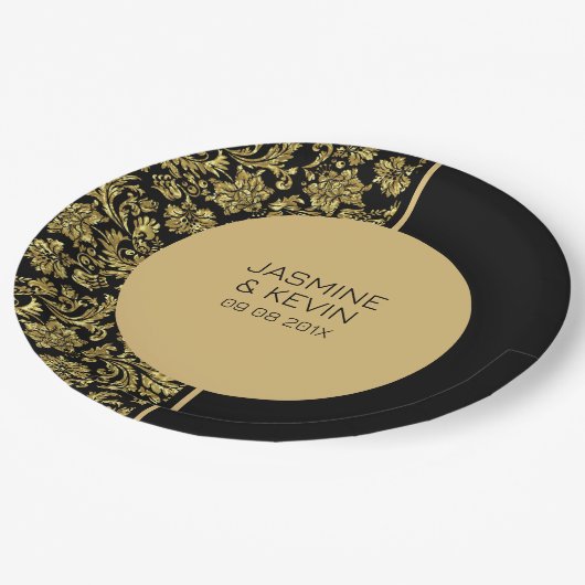 Eleganter Gold Damask und Schwarzer Teilbildschirm Pappteller (Schrägansicht)