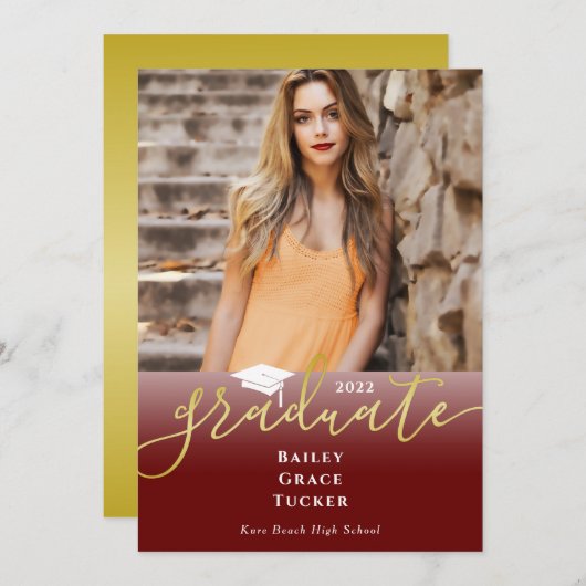 Eleganter Gold Dark Red Foto Abschluss Einladung (Vorne/Hinten)