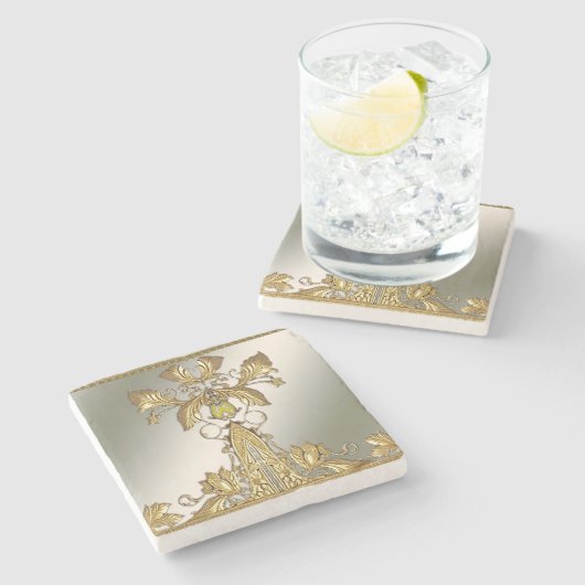 Eleganter Gold Decorative Blumengestone Untersetze Steinuntersetzer (Seitenansicht)