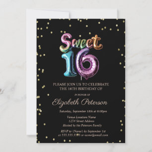 Eleganter Gold-Diamant-Schwarzer-Ballon Sweet 16 Einladung
