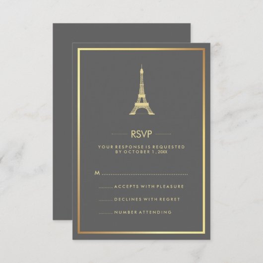 Eleganter Gold Eiffelturm auf Gray Wedding RSVP Einladung (Vorne/Hinten)