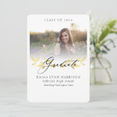 Eleganter Gold Floral Script Foto Abschluss Einladung (Stehend Vorderseite)