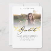 Eleganter Gold Floral Script Foto Abschluss Einladung (Vorderseite)