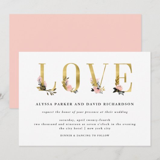 Eleganter Gold Floral Text | Hochzeit von Lieben Einladung (Vorne/Hinten)