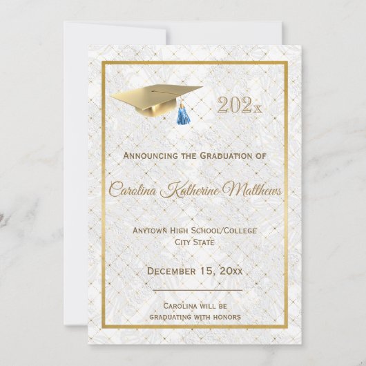 Eleganter Gold Foto Blue Cap Abschluss Ankündigung (Vorderseite)