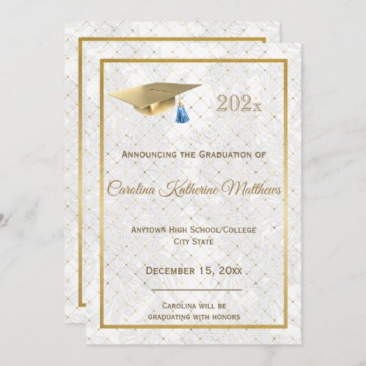 Eleganter Gold Foto Blue Cap Abschluss Ankündigung (Vorne/Hinten)