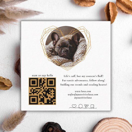 Eleganter Gold Foto Dog Pet Social Media QR Code Quadratische Visitenkarte
