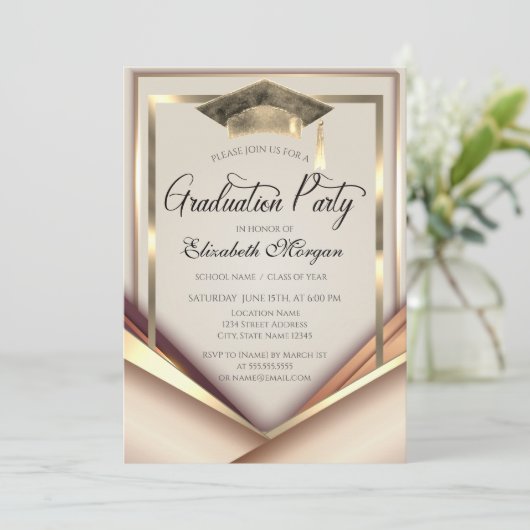 Eleganter Gold Frame Cap Abschluss Einladung (Stehend Vorderseite)