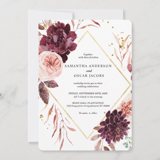 Eleganter Gold-Frame-Floral Rot und Rosa Einladung (Vorderseite)