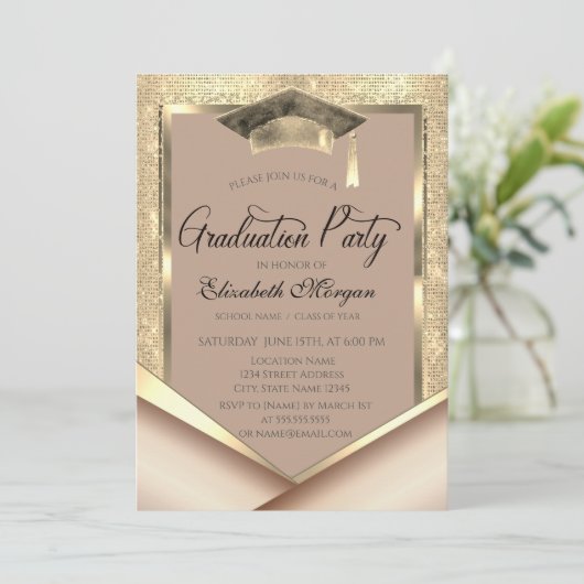 Eleganter Gold Frame Sequins Abschluss Einladung (Stehend Vorderseite)