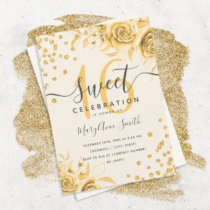 Eleganter Gold Glam Floral Glitzer 16 . Geburtstag Einladung