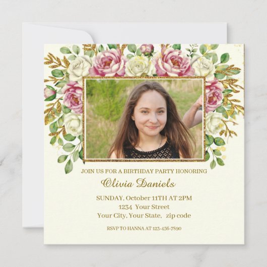 Eleganter Gold-Glitter-Blumenrahmen personalisiert (Vorderseite)