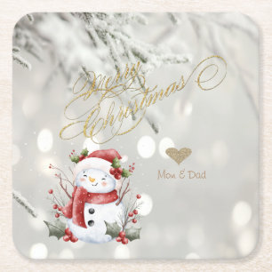 Eleganter Gold-Glitter-Herz-Schneemann Rechteckiger Pappuntersetzer