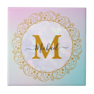 Eleganter Gold-Glitter-Initialbuchstabe & Name Fliese
