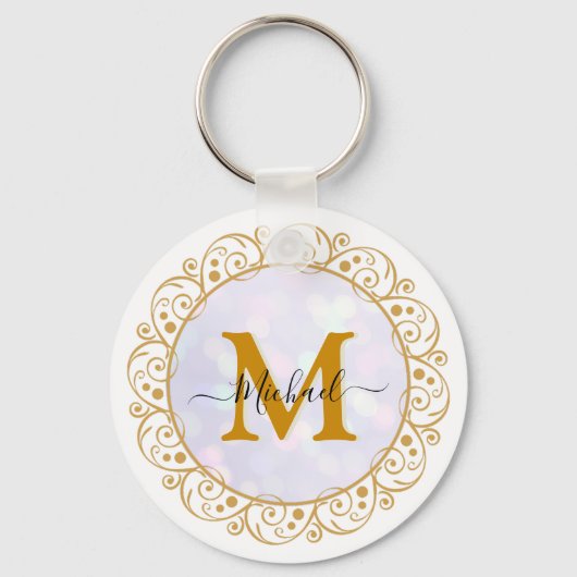 Eleganter Gold-Glitter-Initiale & Name Schlüsselanhänger (Vorderseite)