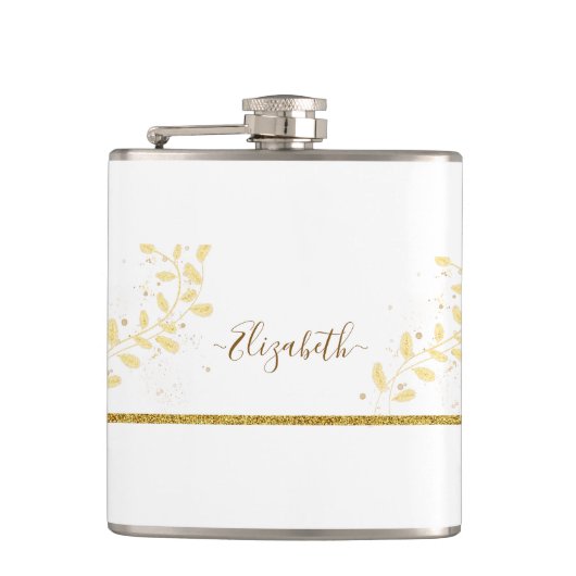 Eleganter Gold Glitter Monogramm Name Flachmann (Vorderseite)