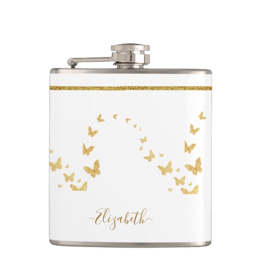 Eleganter Gold Glitter Monogramm Name Flachmann (Vorderseite)