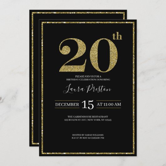 Eleganter Gold Glitzer 20. Geburtstag Einladung (Vorne/Hinten)