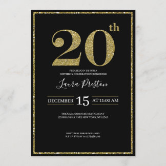 Eleganter Gold Glitzer 20. Geburtstag Einladung