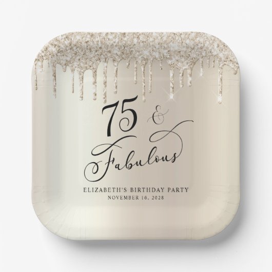 Eleganter Gold Glitzer 75. Geburtstagsparty Pappteller (Vorderseite)