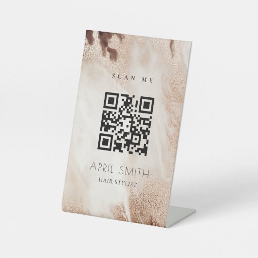 Eleganter Gold Glitzer Agate Marble Beige QR Code Sockelschild (Vorderseite)