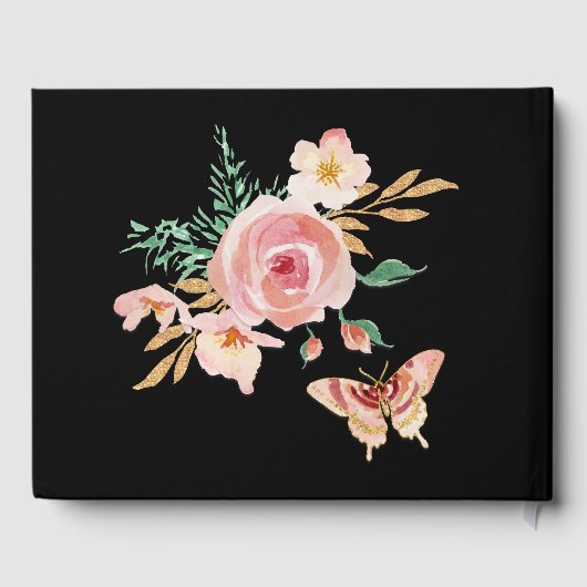 Eleganter Gold Glitzer Aquarell Blüten im Schmette Gästebuch (Rückseite)