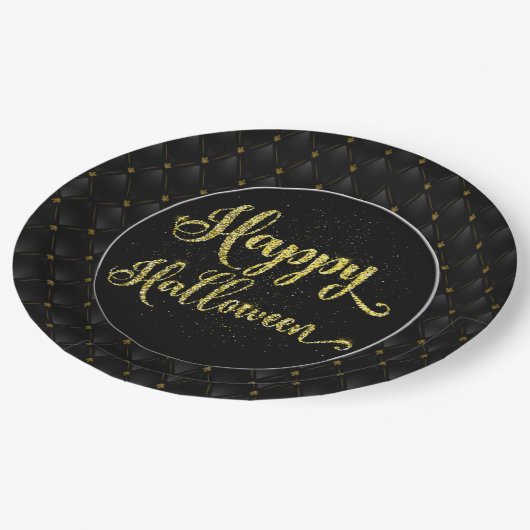 Eleganter Gold Glitzer auf Black Happy Halloween Pappteller (Schrägansicht)