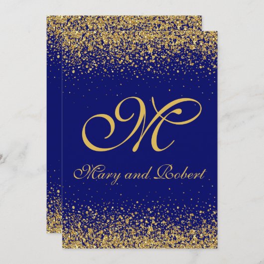 Eleganter Gold-Glitzer auf Royal Blue Einladung (Vorne/Hinten)
