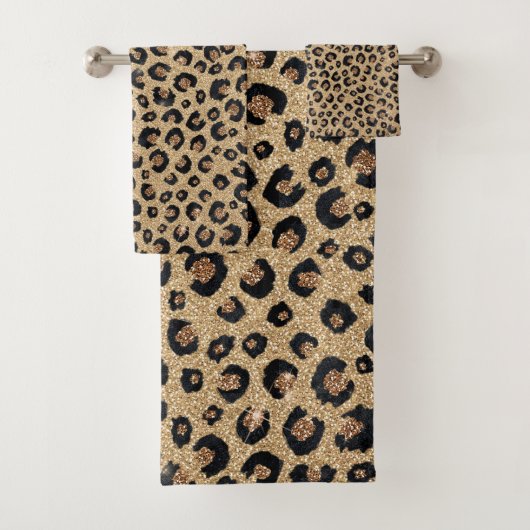 Eleganter Gold Glitzer Black Leopard Print Badhandtuch Set (Insitu)