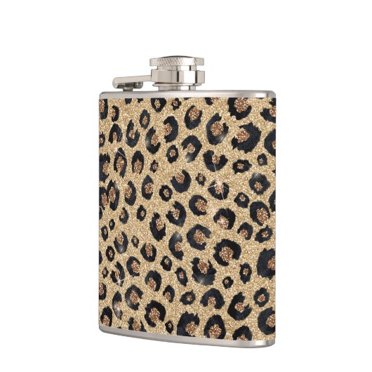 Eleganter Gold Glitzer Black Leopard Print Flachmann (Links)