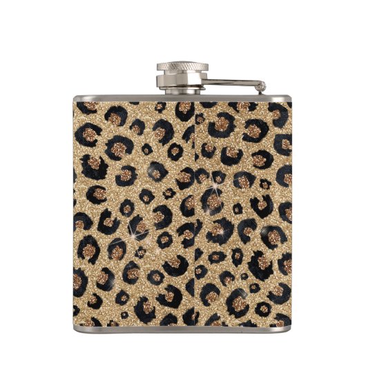 Eleganter Gold Glitzer Black Leopard Print Flachmann (Rückseite)