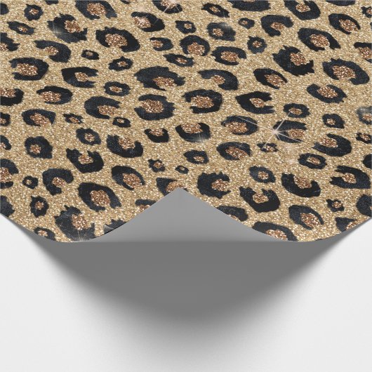 Eleganter Gold Glitzer Black Leopard Print Geschenkpapier (Ecke)