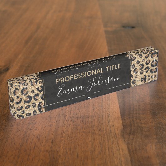 Eleganter Gold Glitzer Black Leopard Print Namensplakette (Seite)