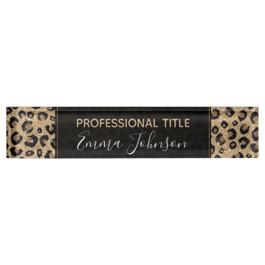 Eleganter Gold Glitzer Black Leopard Print Namensplakette (Vorderseite)