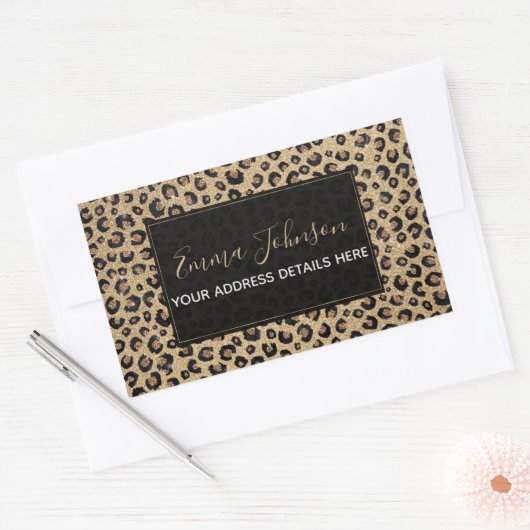 Eleganter Gold Glitzer Black Leopard Print Rechteckiger Aufkleber (Umschlag)