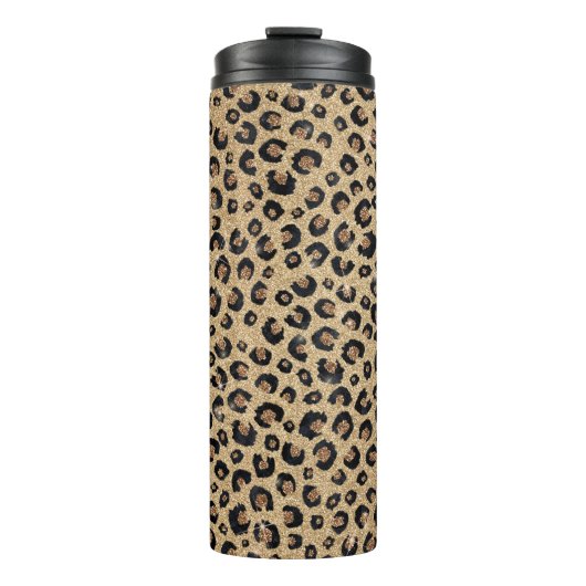 Eleganter Gold Glitzer Black Leopard Print Thermosbecher (Vorderseite)